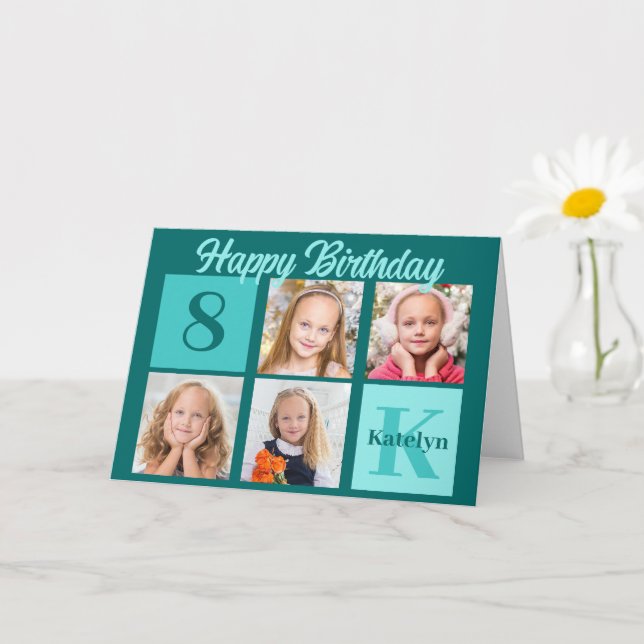 Cartão Chic Teal Happy Birthday Custom Photo Collage (Planta pequena)