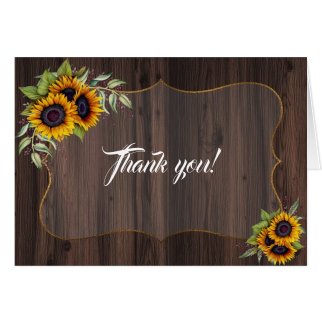 Cartão Chic Watercolor Sunflower Wood Casamento Obrigado (Frente Horizontal)