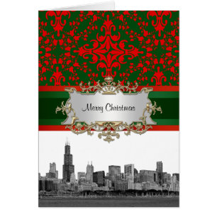 Cartão Chicago Skyline #1 Vintage Look Red & Green Damask