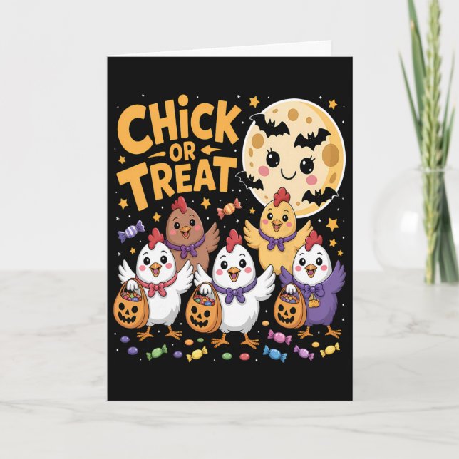 Cartão Chick Or Treat Halloween Lua Galinha Diversão  (Frente)