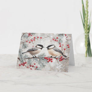 Cartão Chickadees Antigos com Flocos de Neve e Frutas Ver