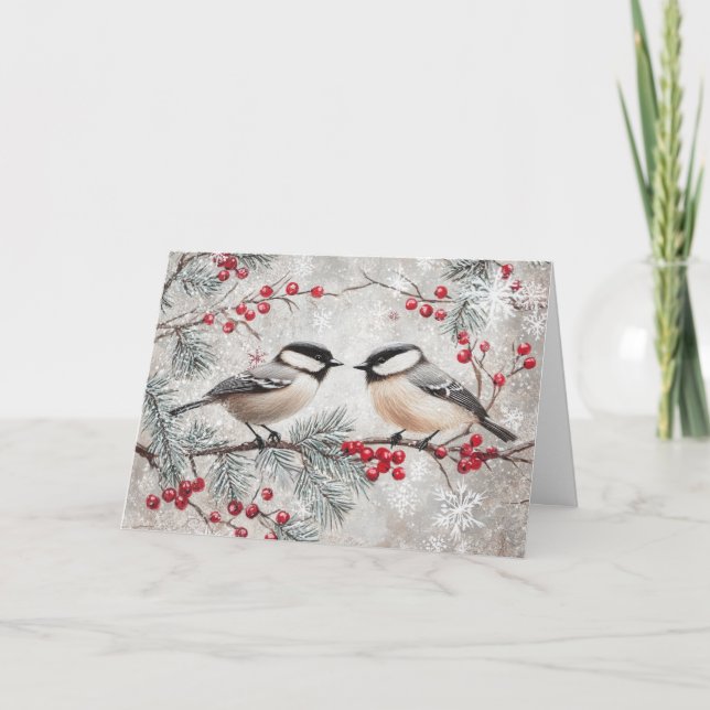 Cartão Chickadees Antigos com Flocos de Neve e Frutas Ver (Frente)