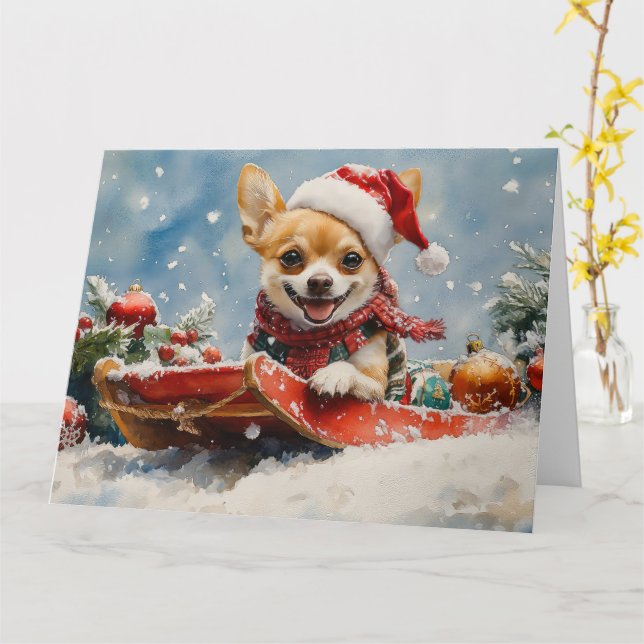 Cartão Chihuahua Dog Sledge Deixe-o nevar no Natal (Flor Amarela)