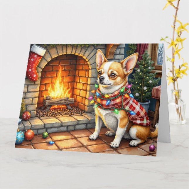 Cartão Chihuahua Sitting Fireplace with Christmas Lights (Flor Amarela)