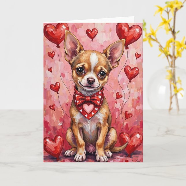 Cartão Chihuahua Valentine’s Day Dog with Hearts Red (Flor Amarela)