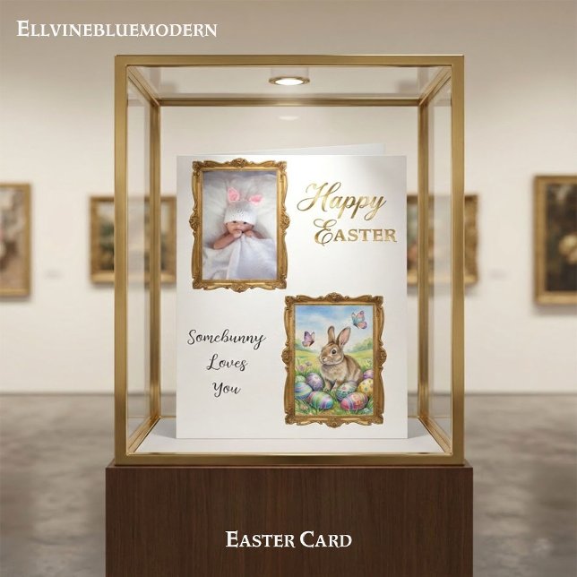 Cartão Child Handwriting Photo Easter Vintage Gold Frames (Criador carregado)