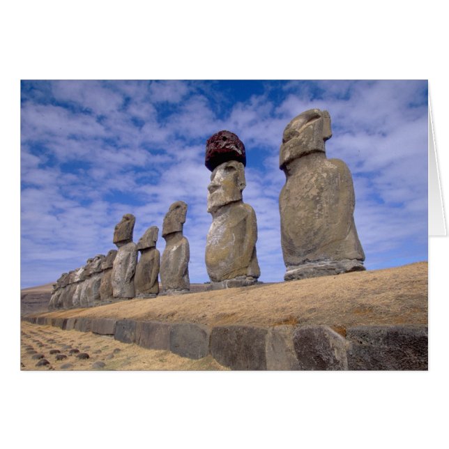Cartão Chile, Ilha de Páscoa. Os 15 Moais em Ahu (Frente Horizontal)
