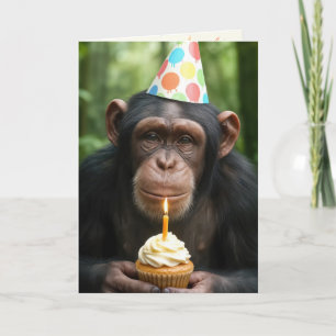 Cartão Chimpanzé segurando um Cupcake de aniversário
