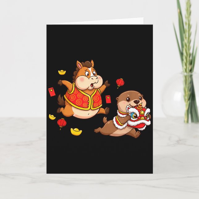 Cartão Chinese Horse Otter Funny Kids Mens Womens Happy N (Frente)