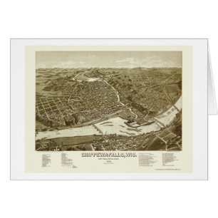 Cartão Chippewa Falls, mapa panorâmico dos WI - 1886