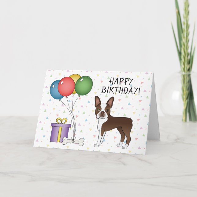 Cartão Chocolate Brown Boston Terrier Dog Feliz aniversár (Frente)