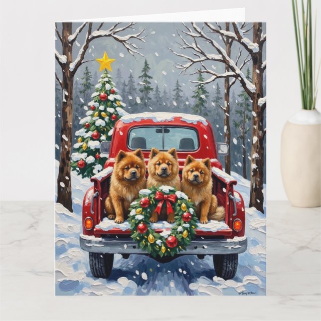 Cartão Chow Chow Christmas Red Truck Holiday (Frente)