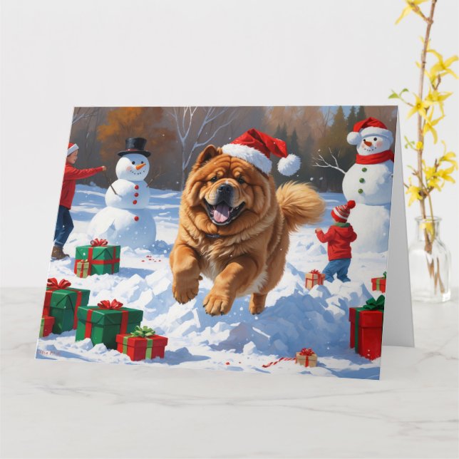 Cartão Chow Chow Correndo em Neve com Chapéu de Natal (Flor Amarela)