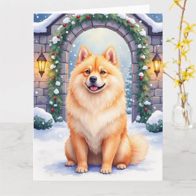 Cartão Chow Chow Snowy Stone Courtyard Christmas Art (Flor Amarela)