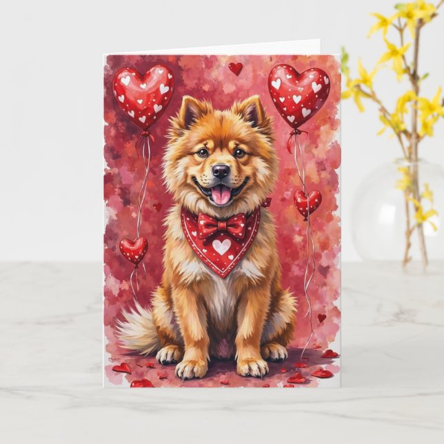 Cartão Chow Chow Valentine Cachorro Sentado com Corações  (Flor Amarela)