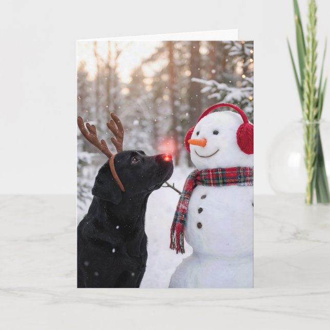Cartão Christmas Black Labrador Retriever with Snowman (Frente)