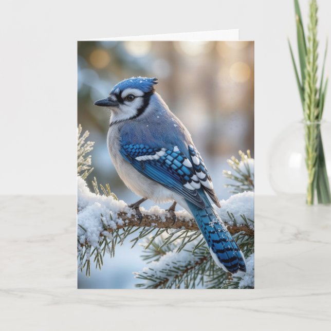 Cartão Christmas Blue Jay On a Snowy Pine  (Frente)