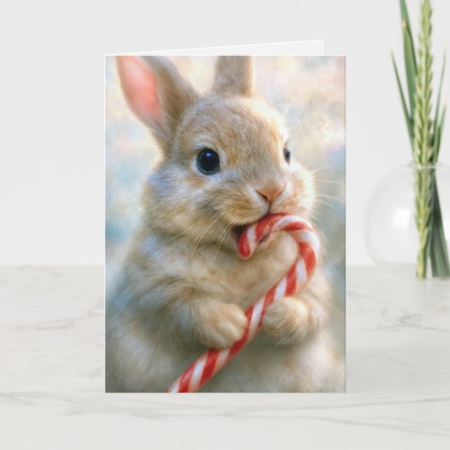 Cartão Christmas Bunny Rabbit Nibbling On a Candy Cane (Frente)