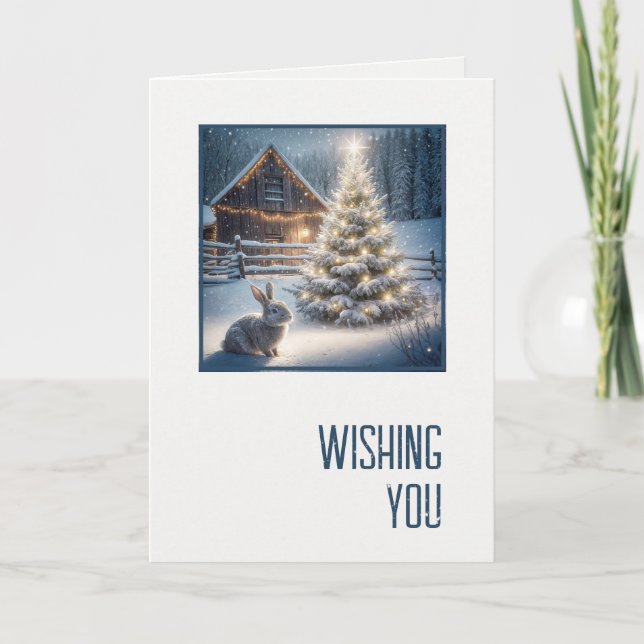 Cartão Christmas Bunny With Glowing Tree and Barn (Frente)