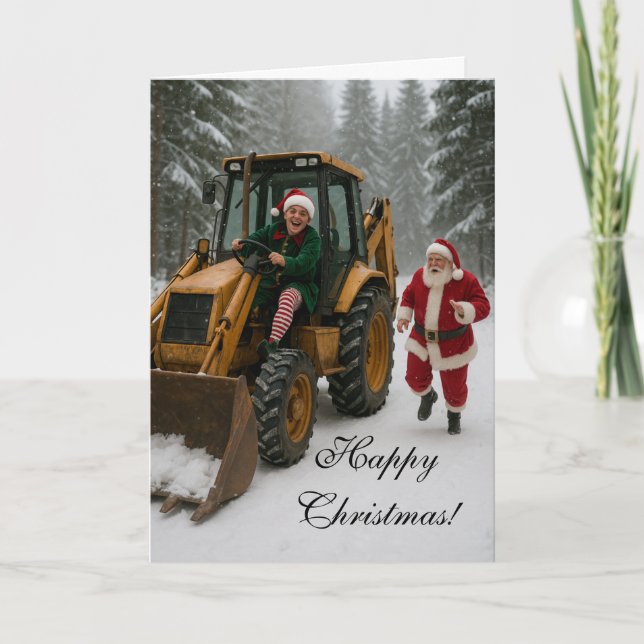 Cartão Christmas card -  Elf stealing Santa's digger  (Frente)