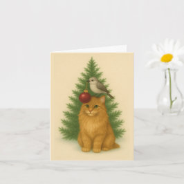 Cartão Christmas Card — Funny Cat & Bird by the Tree