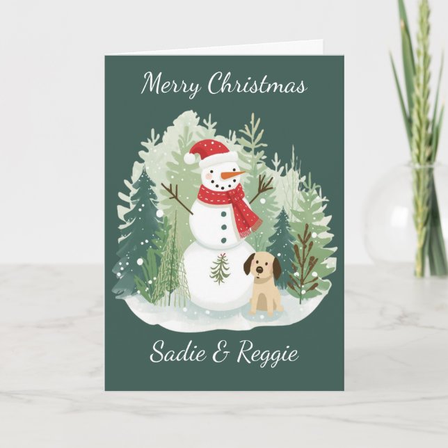 Cartão Christmas Card watercolor  - Snowman and Dog (Frente)