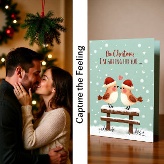Cartão Christmas Cute Romantic Love Birds in Falling Snow