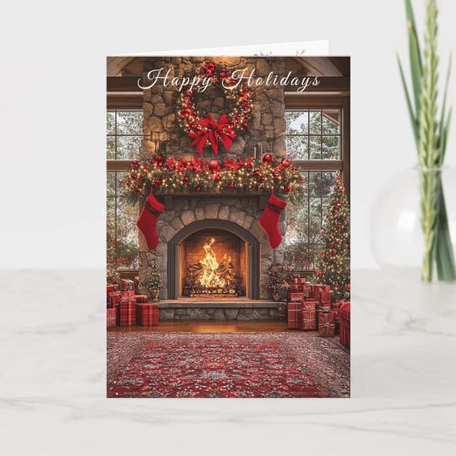 Cartão Christmas Fireplace Red Stockings Lights (Frente)