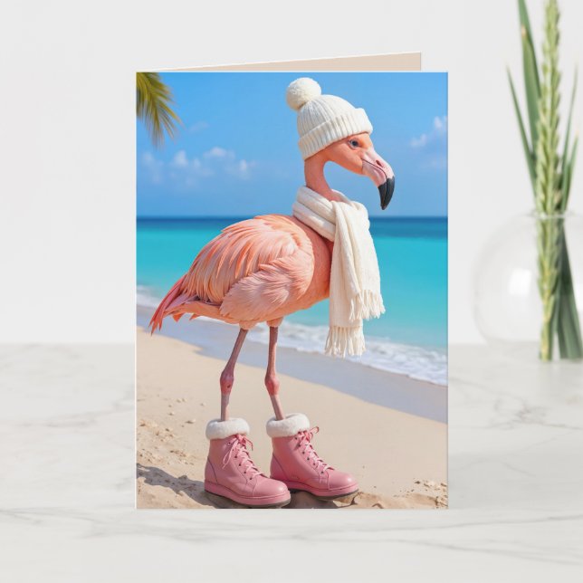 Cartão Christmas Flamingo Wearing Winter Attire (Frente)