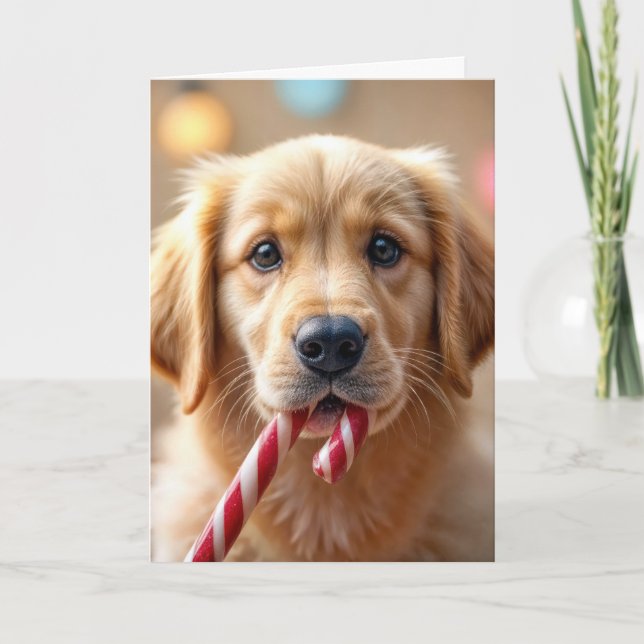 Cartão Christmas Golden Retriever Puppy and a Candy Cane (Frente)