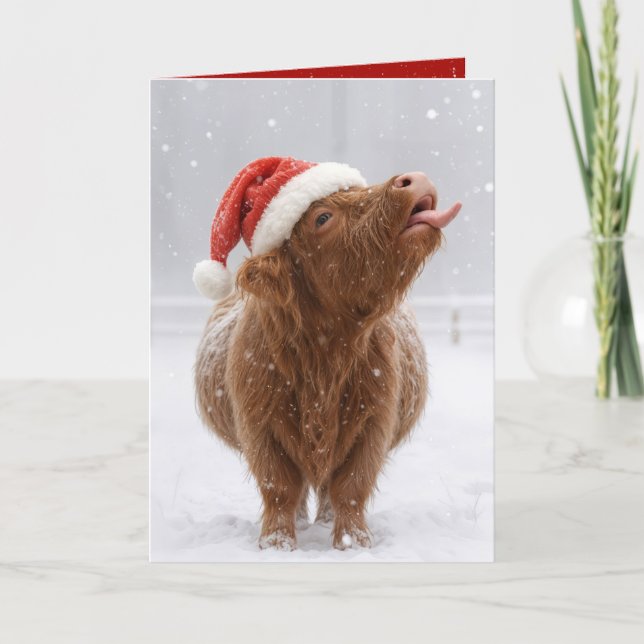 Cartão Christmas Highland Cow Catching Snowflakes (Frente)