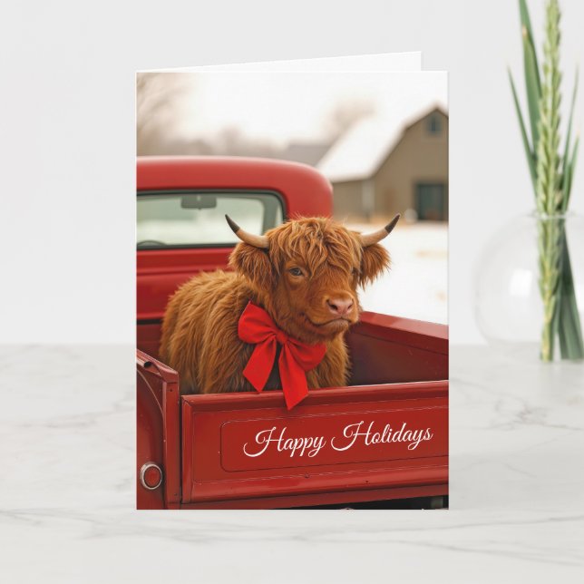 Cartão Christmas Highland Cow In Old Red Pickup Truck (Frente)