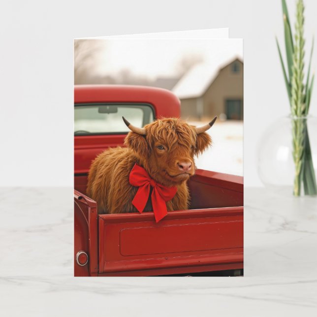 Cartão Christmas Highland Cow In Old Red Pickup Truck (Frente)