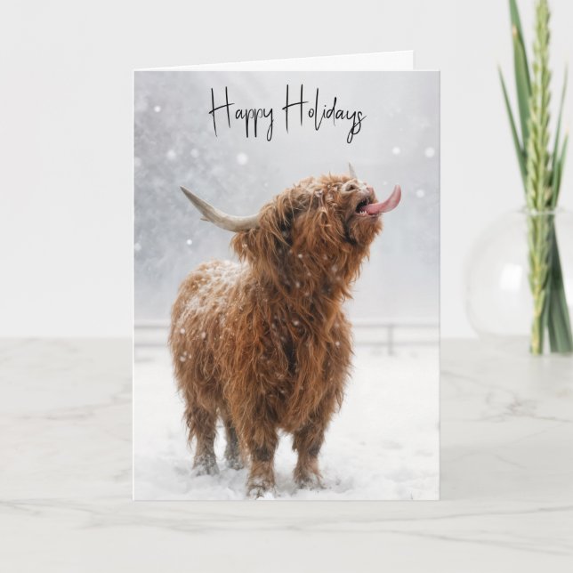 Cartão Christmas Highland Cow Licking Snowflakes Card (Frente)
