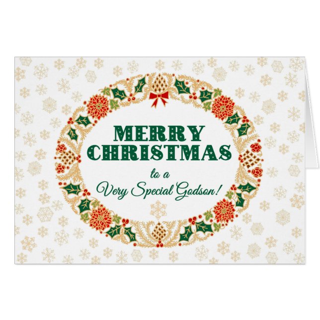 Cartão Christmas Holly Wreath, para Godson Snowflakes (Frente Horizontal)