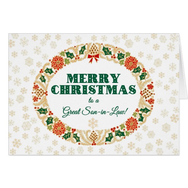 Cartão Christmas Holly Wreath, para o genro, Flocos de ne (Frente Horizontal)