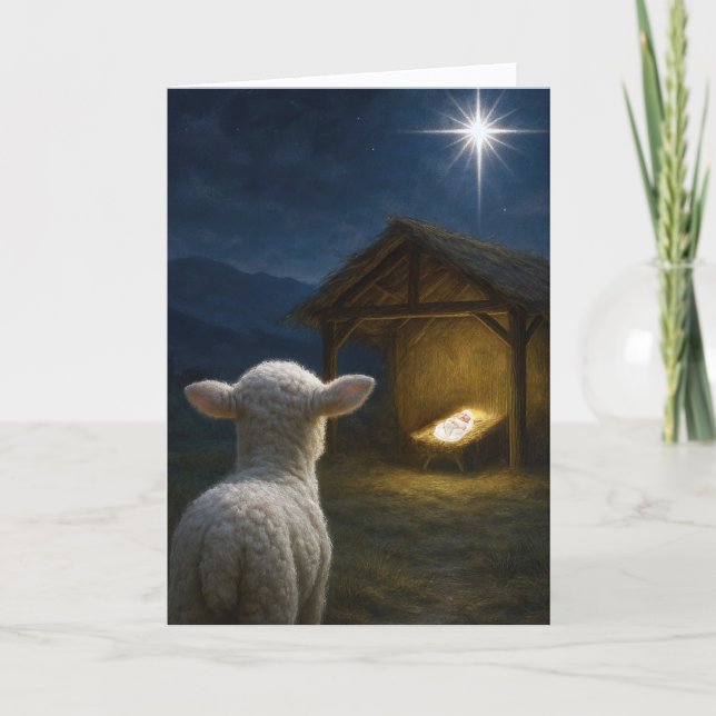 Cartão Christmas Lamb Watching Baby Jesus (Frente)