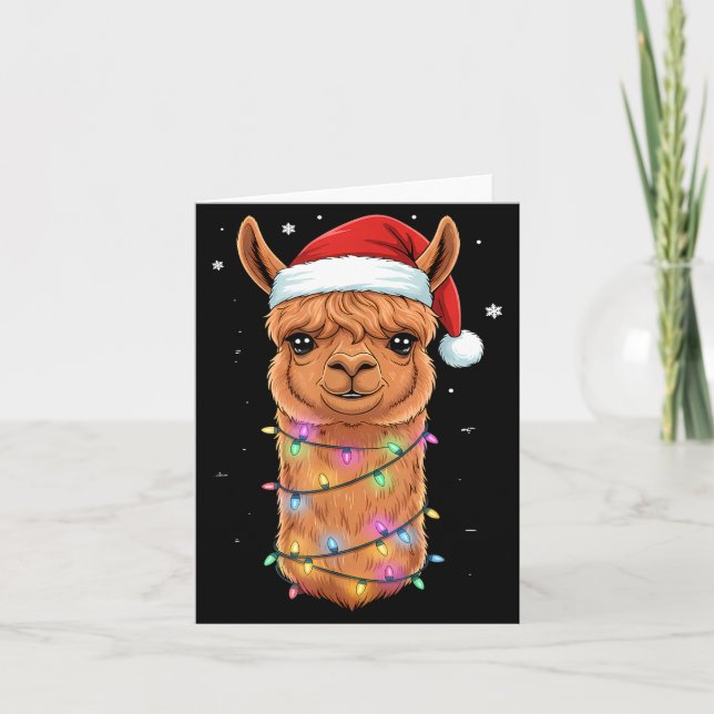 Cartão Christmas Lights Alpaca Santa Hat Llama Cute Xmas  (Frente)