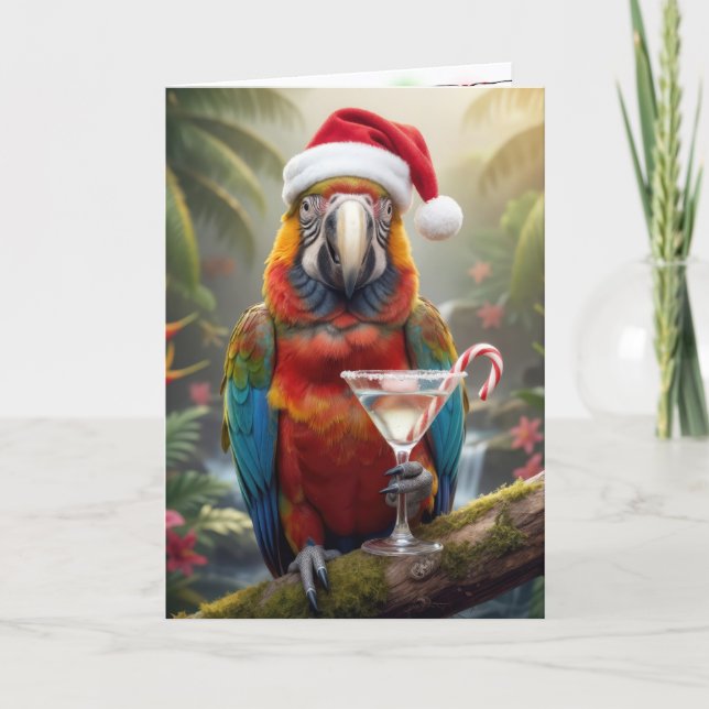 Cartão Christmas Parrot Holding a Martini Cocktail (Frente)