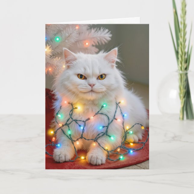 Cartão Christmas Persian Cat Tangled in Holiday Lights (Frente)
