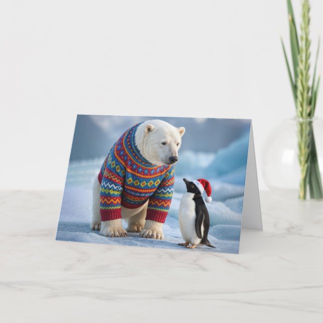 Cartão Christmas Polar Bear and Penguin Friends (Frente)