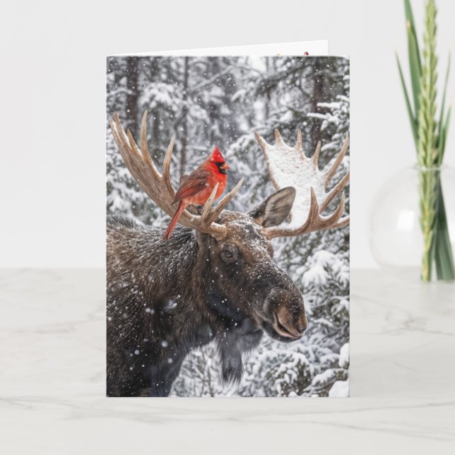 Cartão Christmas Red Cardinal On Snowy Moose Antlers (Frente)