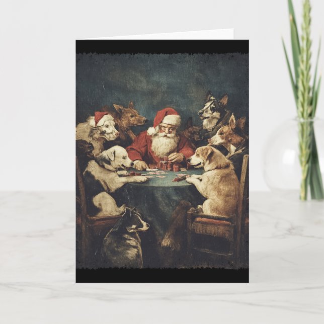 Cartão Christmas Santa Playing Cards Dogs Playing Poker  (Frente)