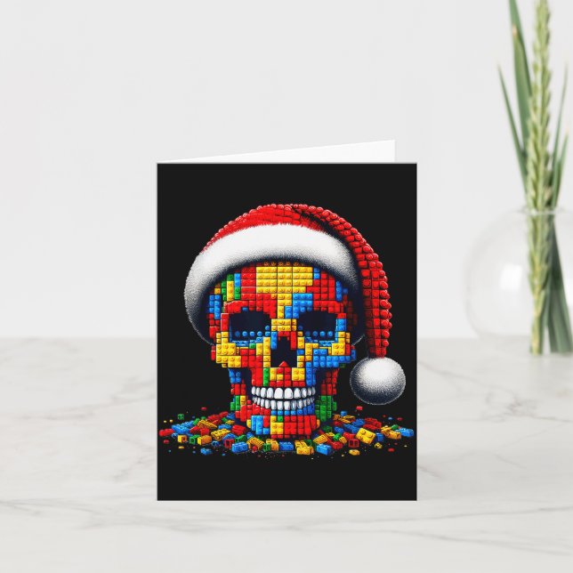 Cartão Christmas Skull Santa Hat Block Bricks Master Buil (Frente)