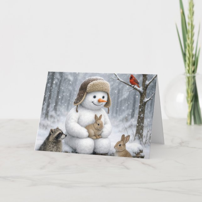 Cartão Christmas Snowman In Winter Woods With Animal (Frente)