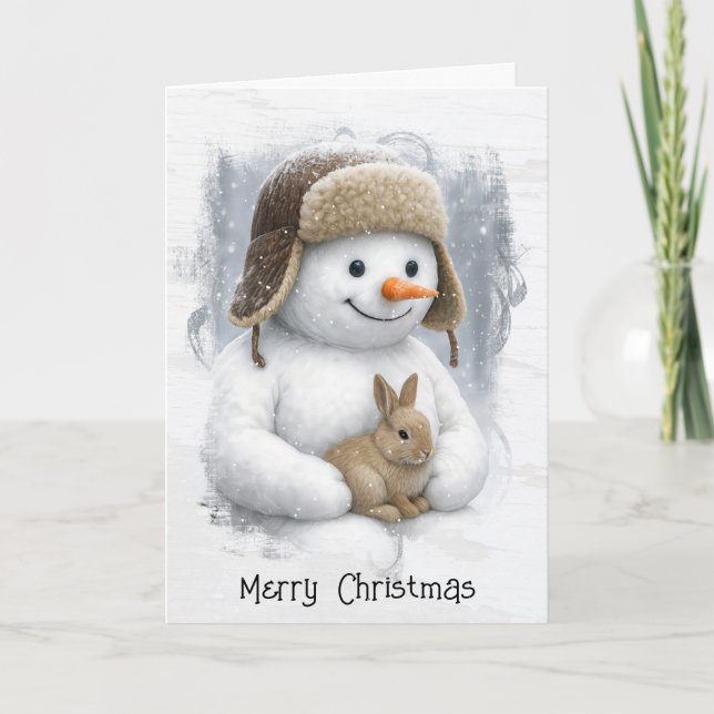 Cartão Christmas Snowman In Winter Woods with Bunny (Frente)