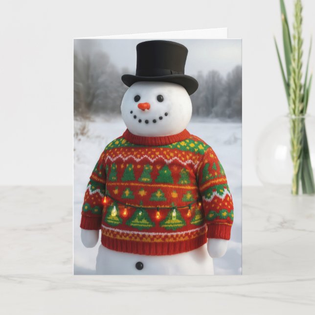 Cartão Christmas Snowman Wearing an Ugly Sweater (Frente)
