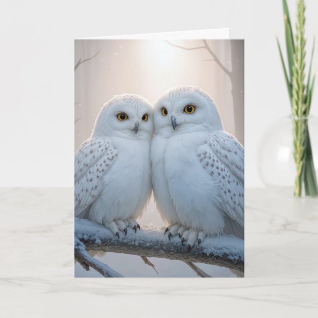 Cartão Christmas Snowy Owls On a Winter Branch (Frente)