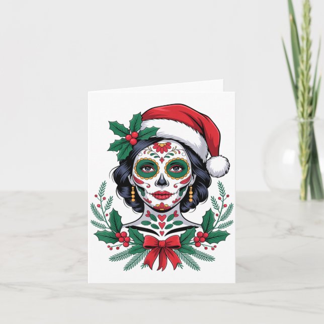 Cartão Christmas Sugar Skull Art Woman Santa Hat Festive  (Frente)