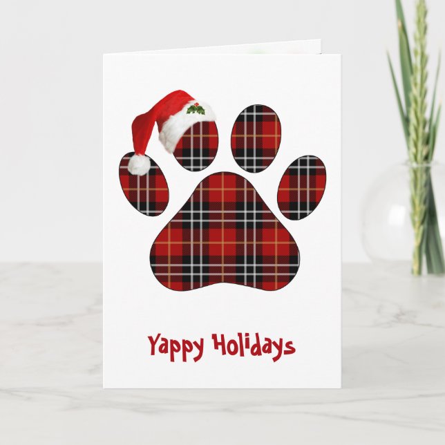 Cartão Christmas Tartan Plaid Dog Paw Print and Hat (Frente)
